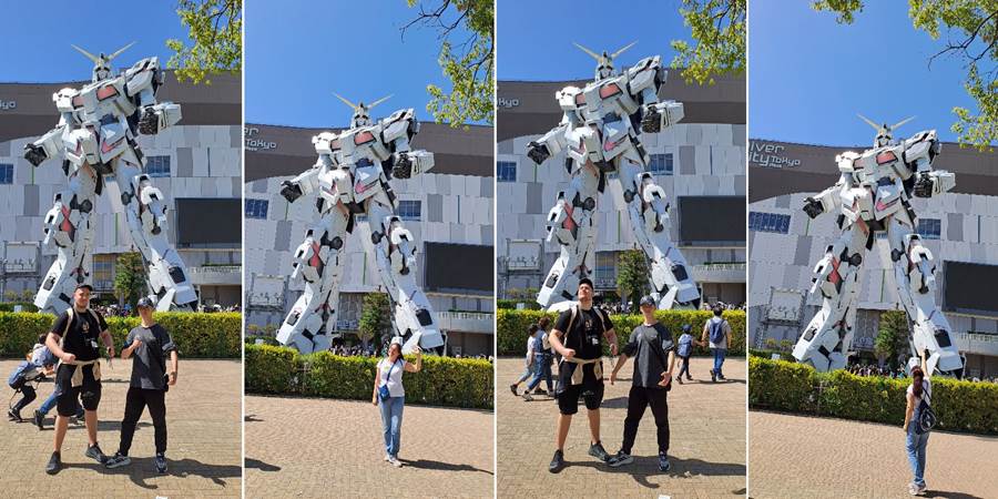 A collage of a person standing in front of a large robot