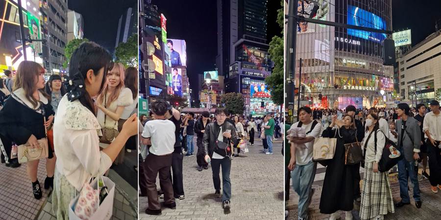 A collage of people walking in a city