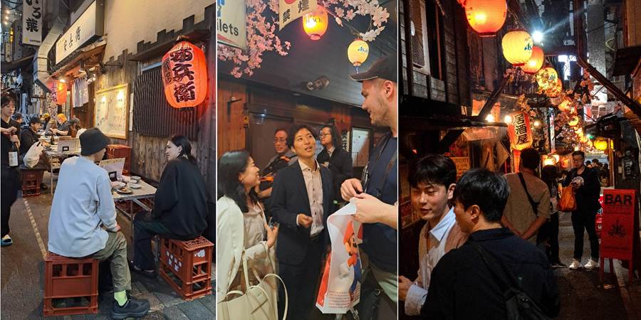 A collage of people in a street