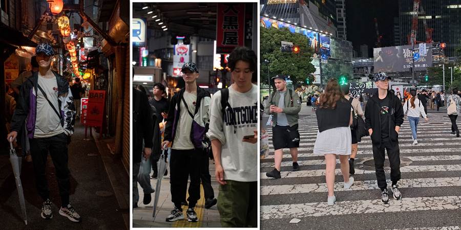 A collage of people walking on a street