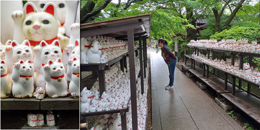 A person standing on a sidewalk next to a shelf of snowmen