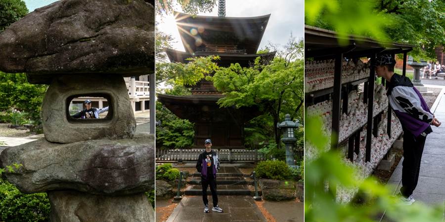 A collage of a person standing in front of a building