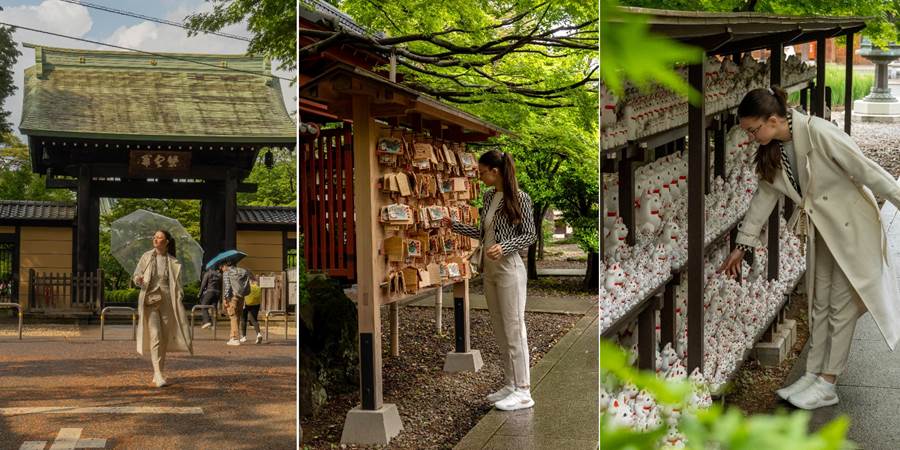 A collage of a person standing in front of a wall with small objects