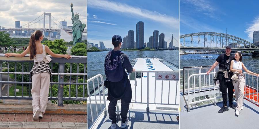 A collage of a person standing on a boat
